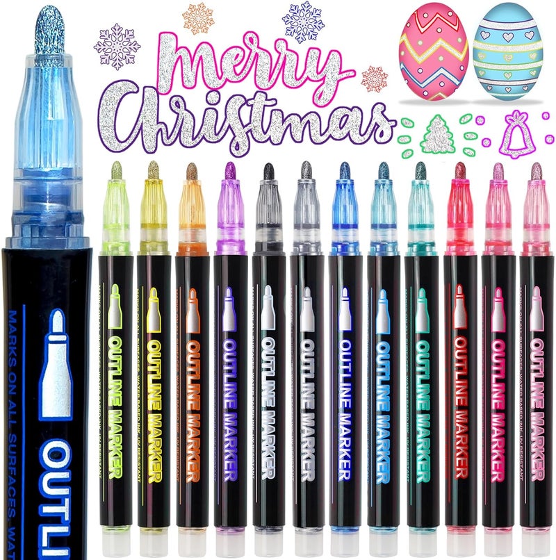 AKUBLE Glitter Markers Outline Pens Metallic,12 Cute Art Supplies Kids 6-8 9-12 10-12 Year Old Tween Teen Girl Gifts Trendy Stuff,Arts Crafts Kids Ages 8-12,Crafts Girls 8-12 Shimmer Sparkle Cool Fun Drawing - Image 1